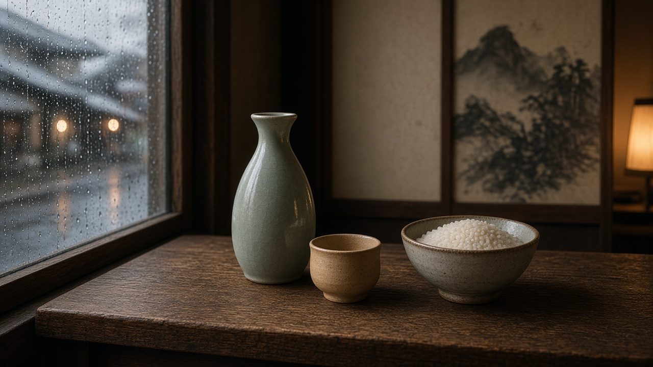Celadon tokkuri, ochoko, and a bowl of rice by a rain-streaked window